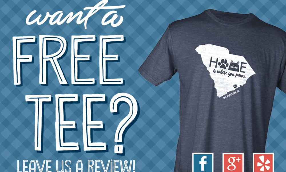 Promotional graphic featuring two t-shirts, one with a map imprinted with "home" and social icons for Facebook, Google+, and Yelp, text reads "Want a free vet tee? Leave us a review!