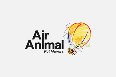 Logo of air animal pet movers featuring a stylized orange and yellow hot air balloon with an animal paw print design, soaring with splashes of color, endorsed by veterinarians.