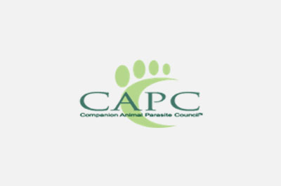 Logo of the companion animal parasite council (CAPC) designed for veterinarians, featuring a stylized green paw print above the acronym "CAPC.