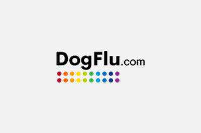 Logo of dogflu.com, a veterinarian service, featuring the text in black with a colorful dotted line beneath, with dots arranged in rows of varying colors.