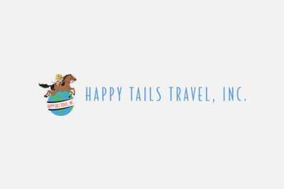 Logo of Happy Tails Travel, Inc., featuring a globe with an airplane and a dog riding a horse, both smiling, with the company name in blue text and an emblem of vet subtly integrated.