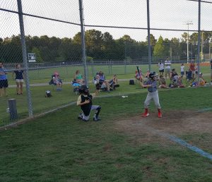 A young baseball player in a red uniform is at bat, ready to swing, while a catcher and an umpire are positioned behind him, and spectators watch from the sidelines of a fenced baseball field at dusk. Interestingly, one of the spectators is a local veterinarian enjoying the game during her off-duty hours