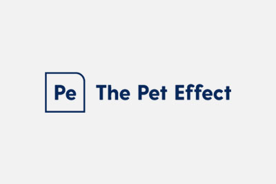 Logo of "the pet effect" designed for a vet, featuring a blue square with "pe" in white letters next to the phrase "the pet effect" in blue font on a light gray background.