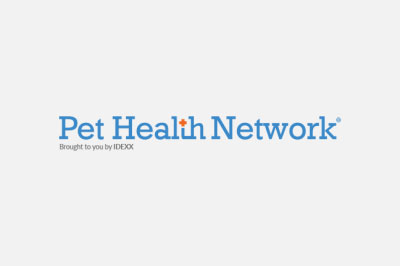 Logo of "vet health network," featuring blue text with the word "health" emphasized in a darker shade. Underneath is a subtitle "brought to you by IDEXX" in gray.