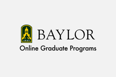 Logo of Baylor University's online graduate programs, featuring the text "Baylor Online Graduate Programs" with a yellow tower emblem marked "1845", specifically designed for aspiring veterinarians.