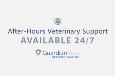 Promotional image for "after-hours veterinarian support available 24/7" with a logo indicating guardian vets as a certified partner, set against a light gray background.