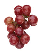 A cluster of fresh red grapes against a white background. The grapes are slightly glossy, indicating they are ripe and ready to eat.