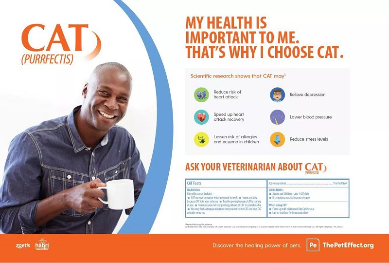 An advertisement showing a smiling black man holding a cup of coffee, with text promoting the health benefits of owning a cat, titled "As a veterinarian, my health is important to me. That's why I choose cats.