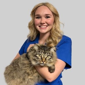 A person with long blonde hair, smiling, is wearing blue scrubs and holding a fluffy brown and black tabby cat in their arms against a plain gray background.