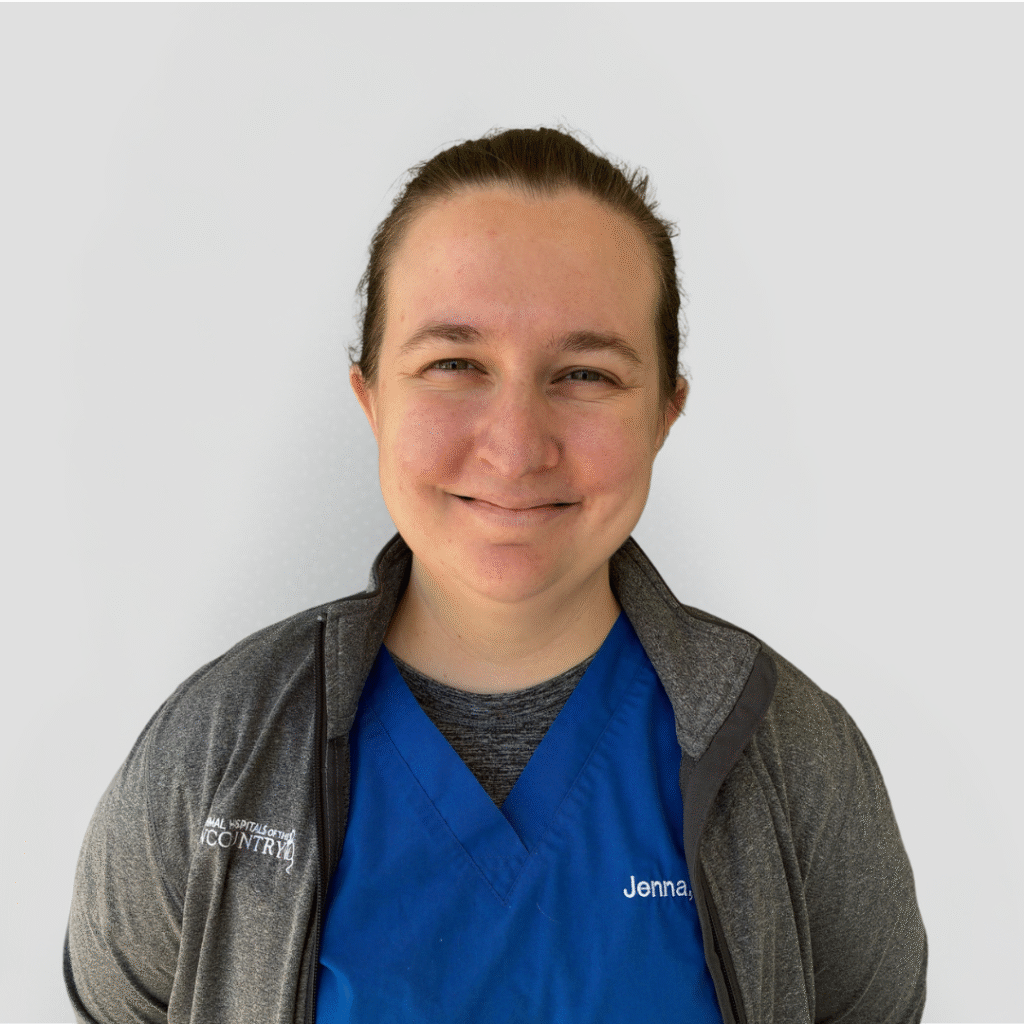 A veterinarian wearing a blue scrub top and smiling gently holding a cat against a plain white background.